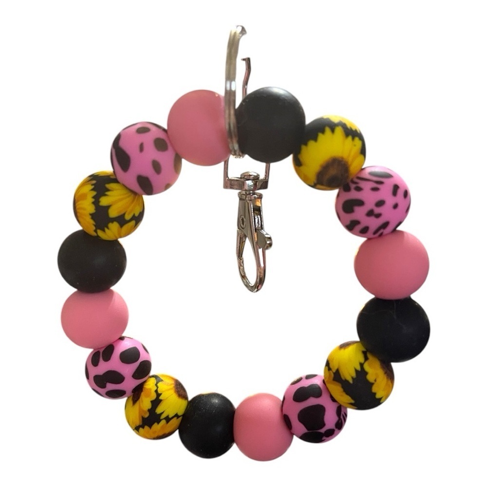 Sunflower & Leopard Beaded Bracelet Keychain